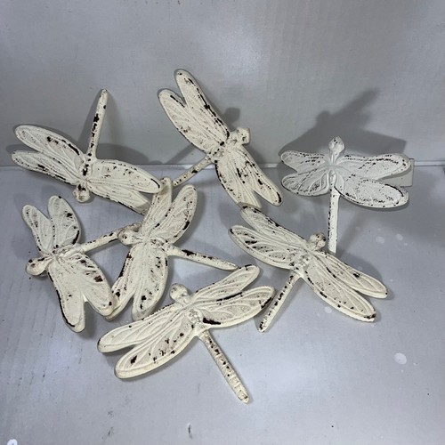 Cast Iron Dragonfly Set of 6 Wall Hangings and 1 Wall Hook Distressed White - Picture 5 of 10
