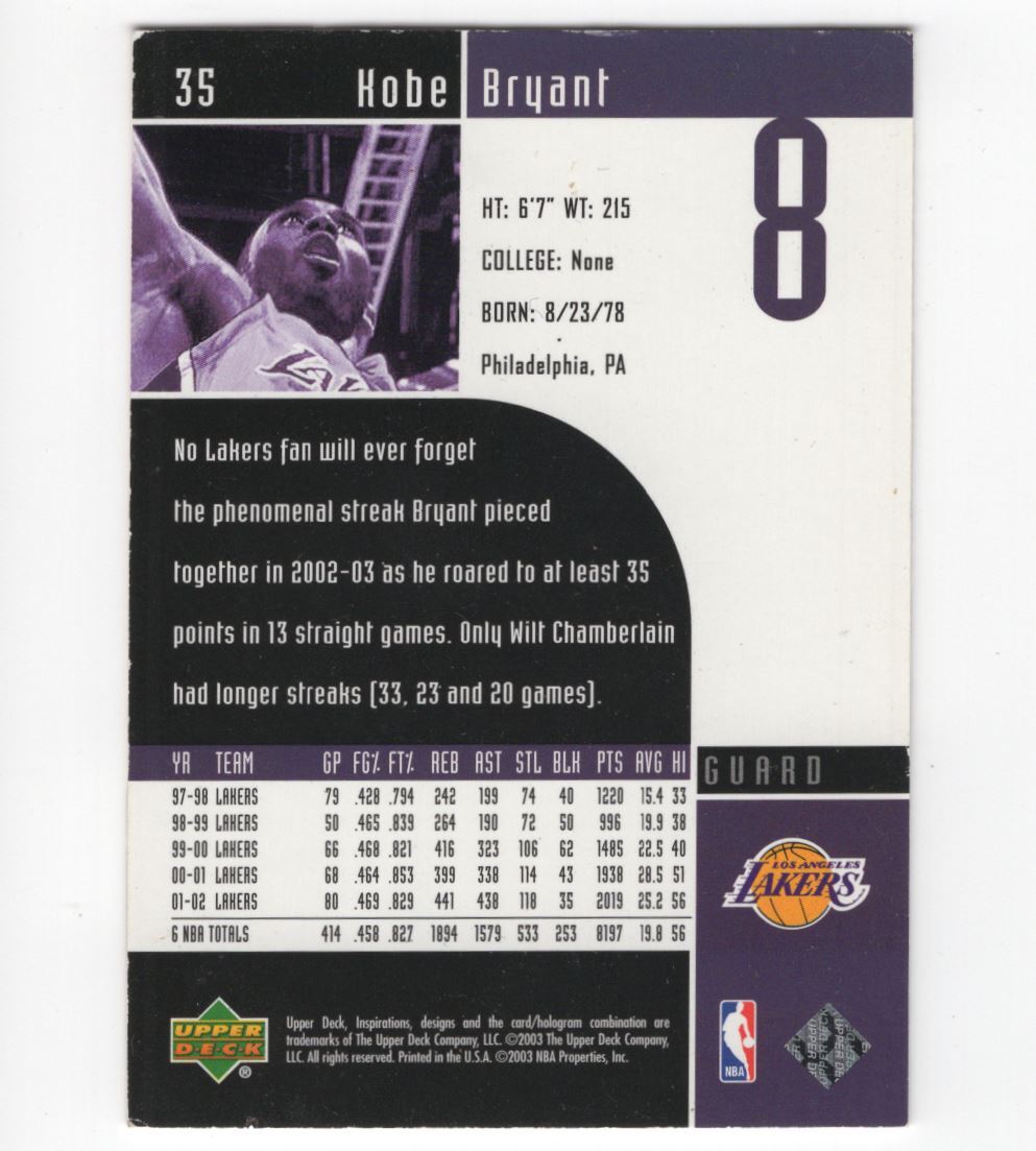 UD Inspirations Kobe Bryant カード 2003-04 Upper Deck INSPIRATIONS Kobe Bryant #35 Los Angeles