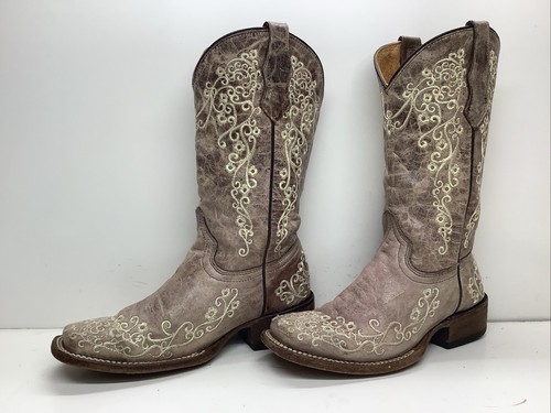 GIRLS CORRAL TEENS BOOTS SQUARE TOE STITCHING GRAYISH BOOTS SIZE 3