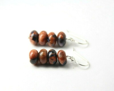 Goldstone Earrings 4 x 8mm Roundel Gemstone 925 Sterling Silver Orange Black
