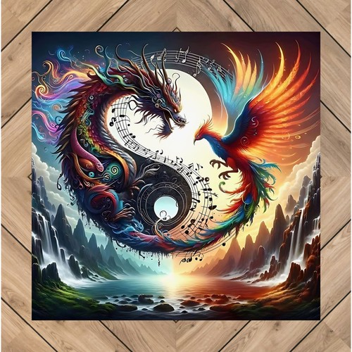Dragon And Phoenix Ying And Yang Matte Vertical Posters Music Notes Design - Picture 4 of 30