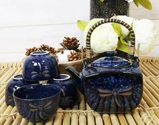 Ebros Japan Made Tombo Dragonfly Midnight Blue 20oz Porcelain Tea Pot & Cups Set