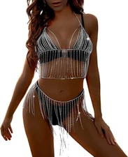 MineSign Sexy Jewelry Set Womens Rhinestone Body Chain Bra Belly Dress, Silver