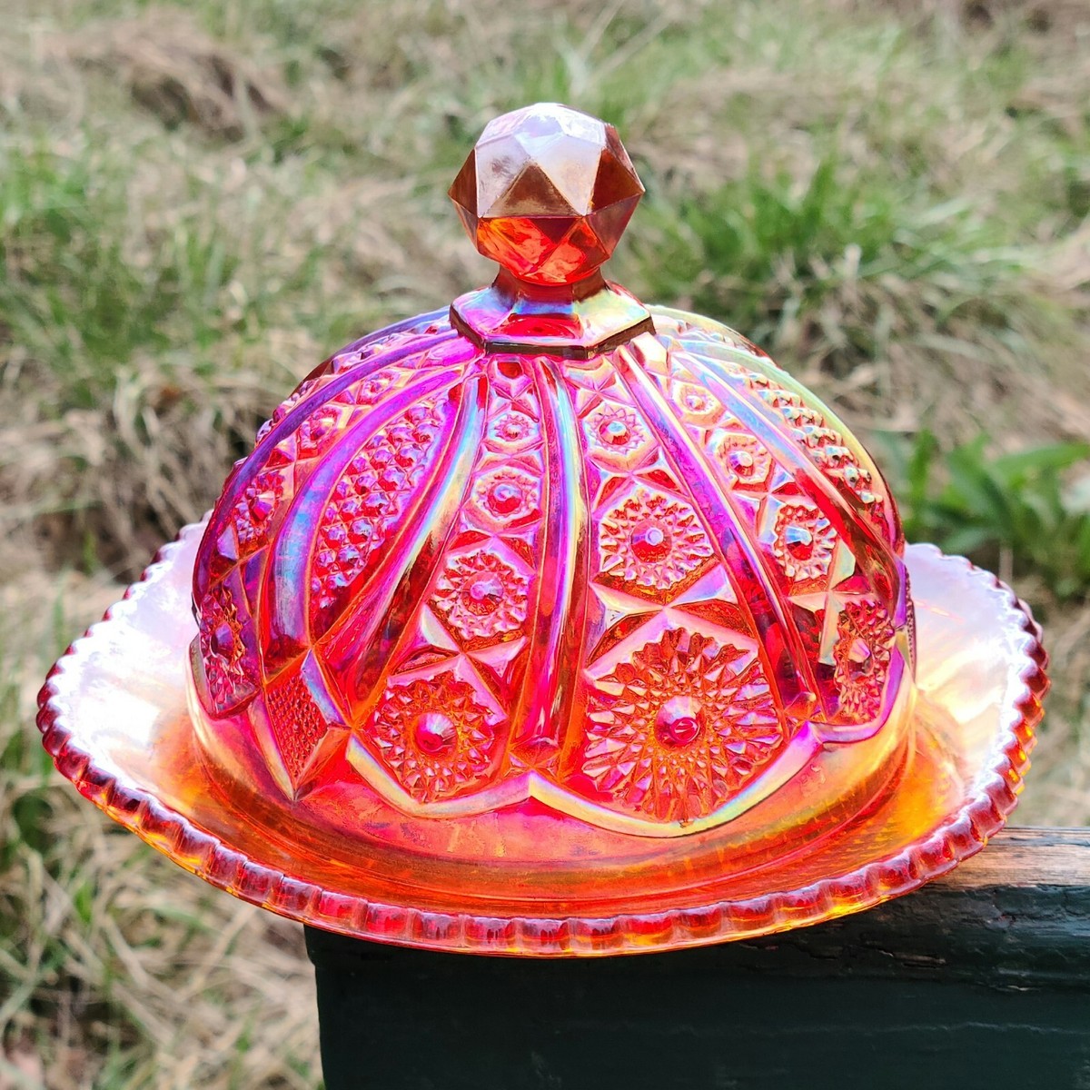 Indiana Glass Carnival Glass Butter Dish Sunset Red | eBay