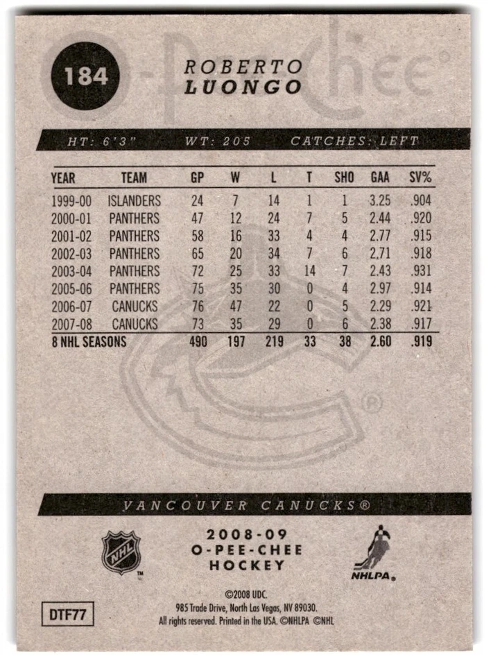 2008-09 O-Pee-Chee Roberto Luongo #184 Vancouver Canucks - Image 2 of 2