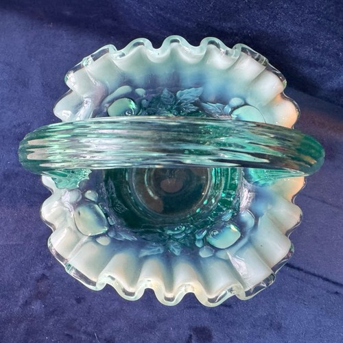 Vintage Fenton Turquoise Cabbage Rose Opalescent Glass Basket Manganese Glow VGC - Picture 6 of 13