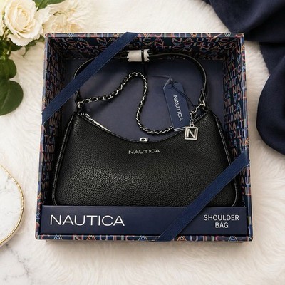 Nautica Black Shoulder Bag Chain Strap Logo Charm Zipper Accents Small Classic