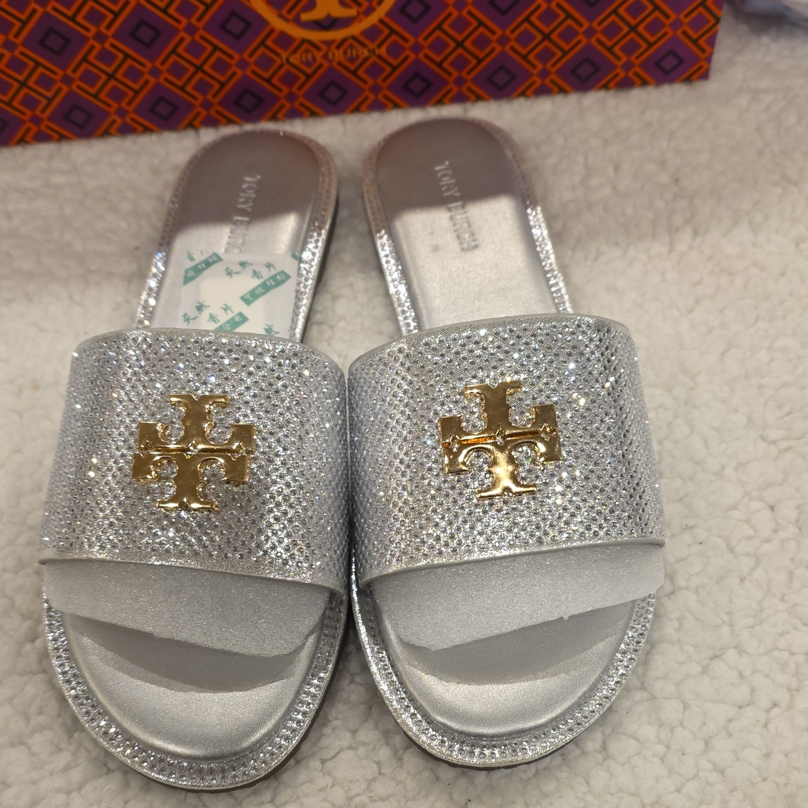 Tory Burch Silver Rhinestone Logo Slide Sandals Women's Size EU 40 Slip On