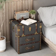 Vintage storage chest with Buckle Hinged Top,Linen End Side Table