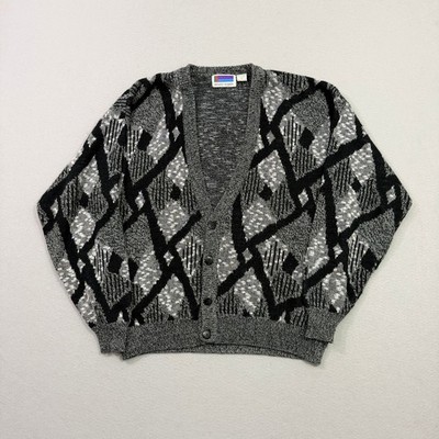Vintage Sweater Graphix Cardigan Mens Large Black Gray Geometric Knit Granpa 90s