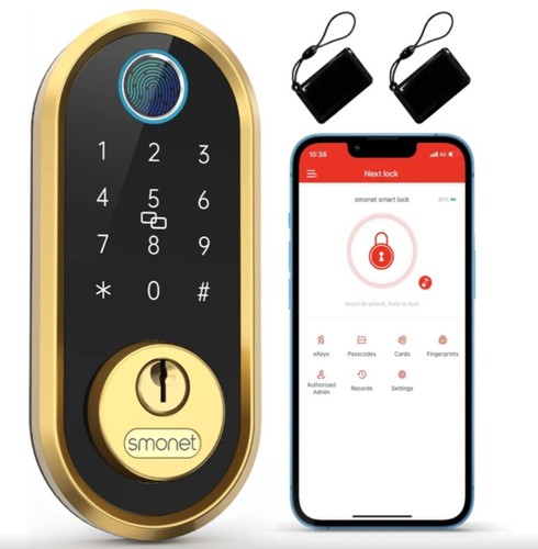 Smonet Smart Lock Bluetooth Keyless Entry Keypad Fingerprint Deadbolt Gold