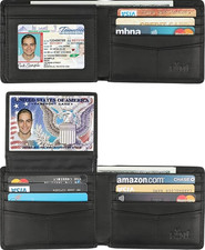 Cartera Hombre Cuero Genuino Billetera Bifold con Bloqueo RFID y 2 Ventanas ID