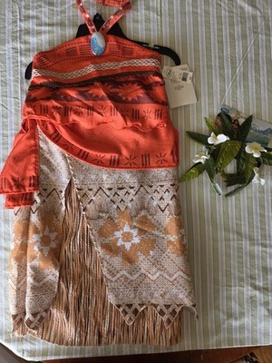 Disney Moana Costume Set Girls 7/8 M 128cm Top Skirt Floral Headpiece Orange