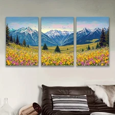 3pcs Frameless Canvas Wall Art - Vibrant Flower Field Landscape with Snow-Capped