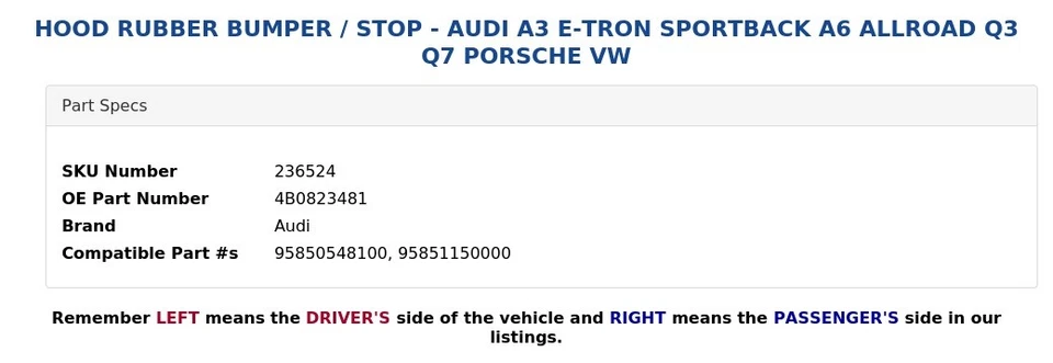 PARAGOLPES / TOPE GOMA CAPÓ - AUDI A3 E-TRON SPORTBACK A6 ALLROAD Q3 Q7 PORSCHE VW Foto 4 de 4