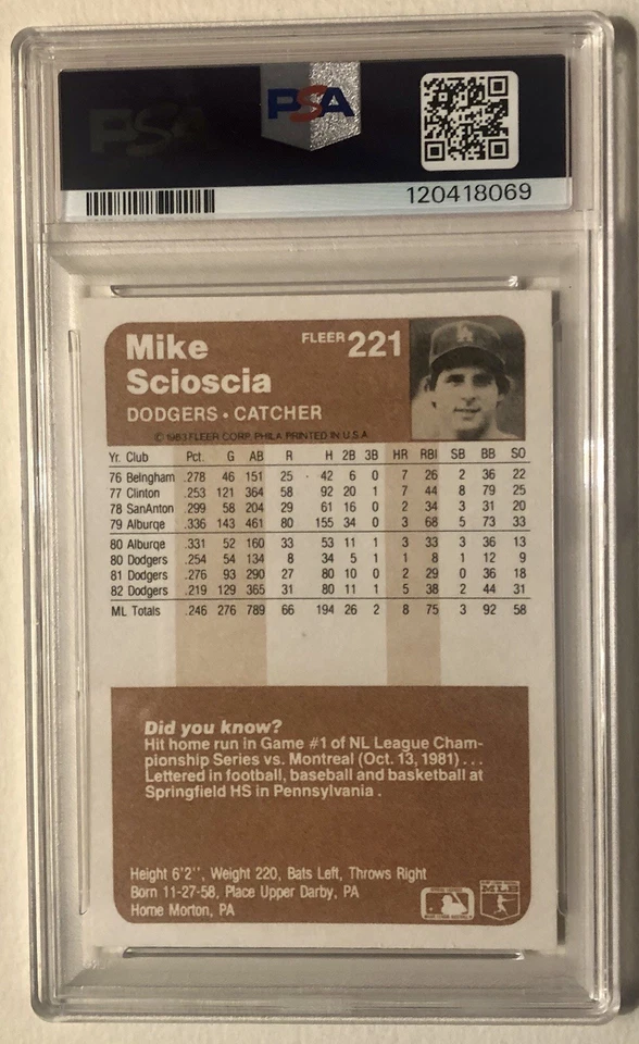 Fleer #221 Mike Scioscia 1983 PSA 10 GEM MT Dodgers Pop 10 Foto 2 de 2