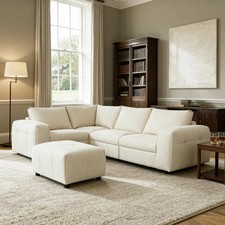 Harper Cream Modular Corner Sofa 5 Piece Fabric Ottoman Sectional UK Home Seats