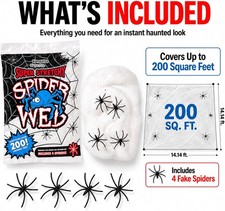 200 sq. Ft Fake Spider Webs with 4 Fake Spiders for Decorations