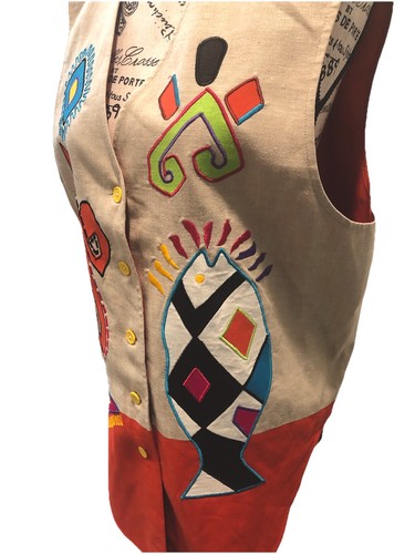 IB Diffusion Sz 12 Linen Blend Vest Folk Art Boho Hippie Artsy Beach Festival - Picture 3 of 5