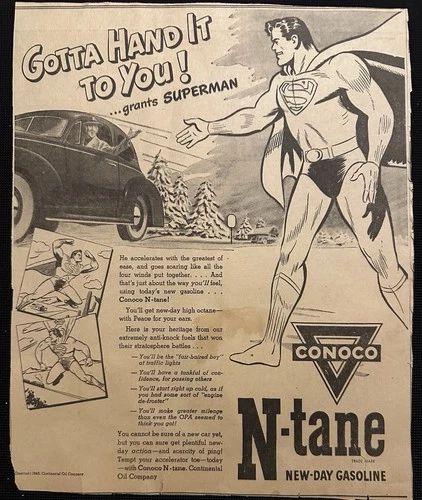 Kansas City Star 1945 SUPERMAN Conoco Gasoline Newspaper Ad 9.5 X 12 Inch