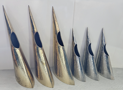 #ad Super RARE 2 Sets JR Intl Brutalist Style MCM Hammered Brass Chrome India Vases $300.00