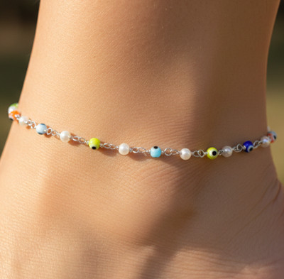 Handmade Silver Tone Anklet with Evil Eye Charm | Multicolor Beaded Pearl Accent