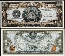 Zodiac Cancer Million Dollar Bill, The Crab - Lot of 2 Bills
