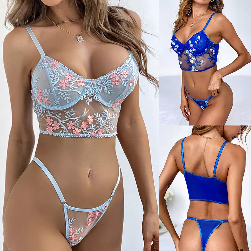 Women Sexy Lingerie Lace Floral Embroidery See Through Bra Panties Set  Comfort