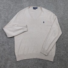 Polo Ralph Lauren Sweater Mens Large Beige V-Neck Pullover Pima Cotton Pony Logo
