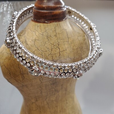 IMAN Chic Crystal & Silver Tone Metal Mesh Bangle Chunky 