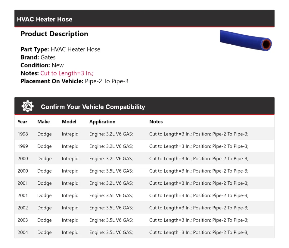 Manguera de calefacción para aire acondicionado Dodge Intrepid 1998-2004 - 2 a tubo - 3 puertas 1999 2000 Foto 2 de 4