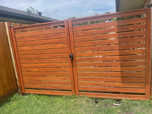 Aluminum Double Swing Gates - CUSTOM Sizes - Slats Alloy Merbau Timber-Look - Picture 1 of 16