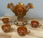 Imperial Marigold Carnival Glass Large Fruit & Punch Bowl & Stand with 4 Cups