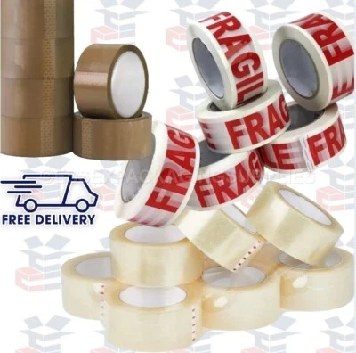 LONG LENGTH PACKING TAPE STRONG - BROWN / CLEAR / FRAGILE 48mm x 66M PARCEL TAPE