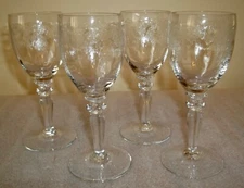FOUR Bohemia Crystal-Crystalex ETCHED THISTLE Wine Glasses 5-3/8" Holds 3 Oz
