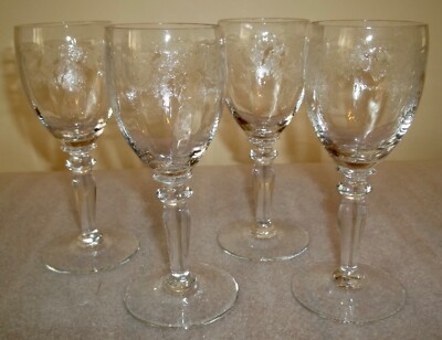 FOUR Bohemia Crystal-Crystalex ETCHED THISTLE Wine Glasses 5-3/8'' Holds 3 Oz