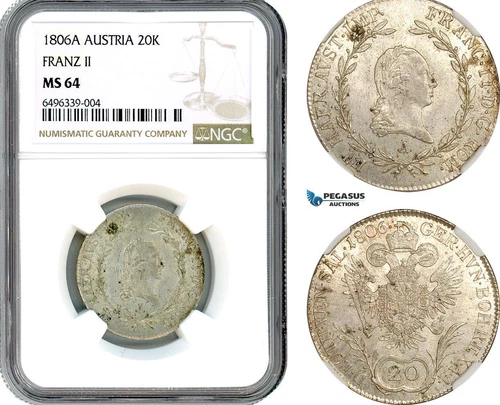 AH506, Austria, Franz II, 20 Kreuzer 1806 A, Vienna Mint, Silver, NGC MS64, Top