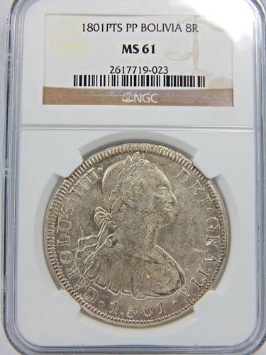 1801 BOLIVIA 8 REALES MS61 NGC BRIGHT WHITE PTS PP HEAVY CROWN STUNNING AND RARE