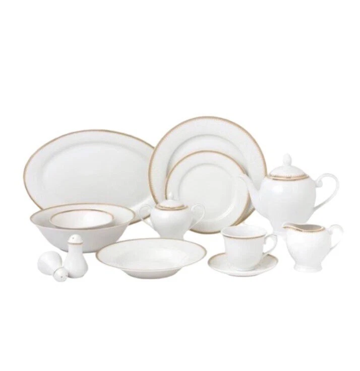 Lorren Home Trends 57 Piece Gold Border Porcelain Dinnerware Set Open Box