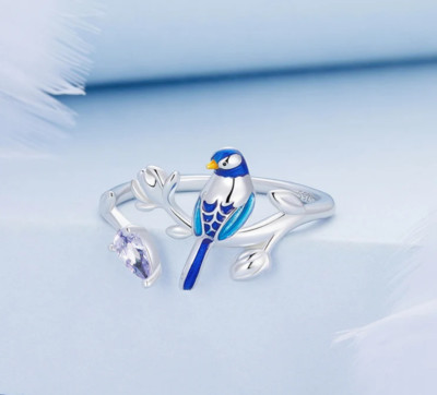 Platinum 925 Sterling Silver Zircon Branch Blue Bird Adjustable Ring (Size 7-8)