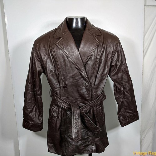 TOGETHER Vintage 70er Jahre Leder Spionage Jacke Mantel Damen Größe M braun mit Gürtel - Bild 1 von 7