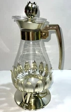 VTG Silex Glass Gold Tone Flower Petal Coffee Carafe Pot Warming Warmer Base Set
