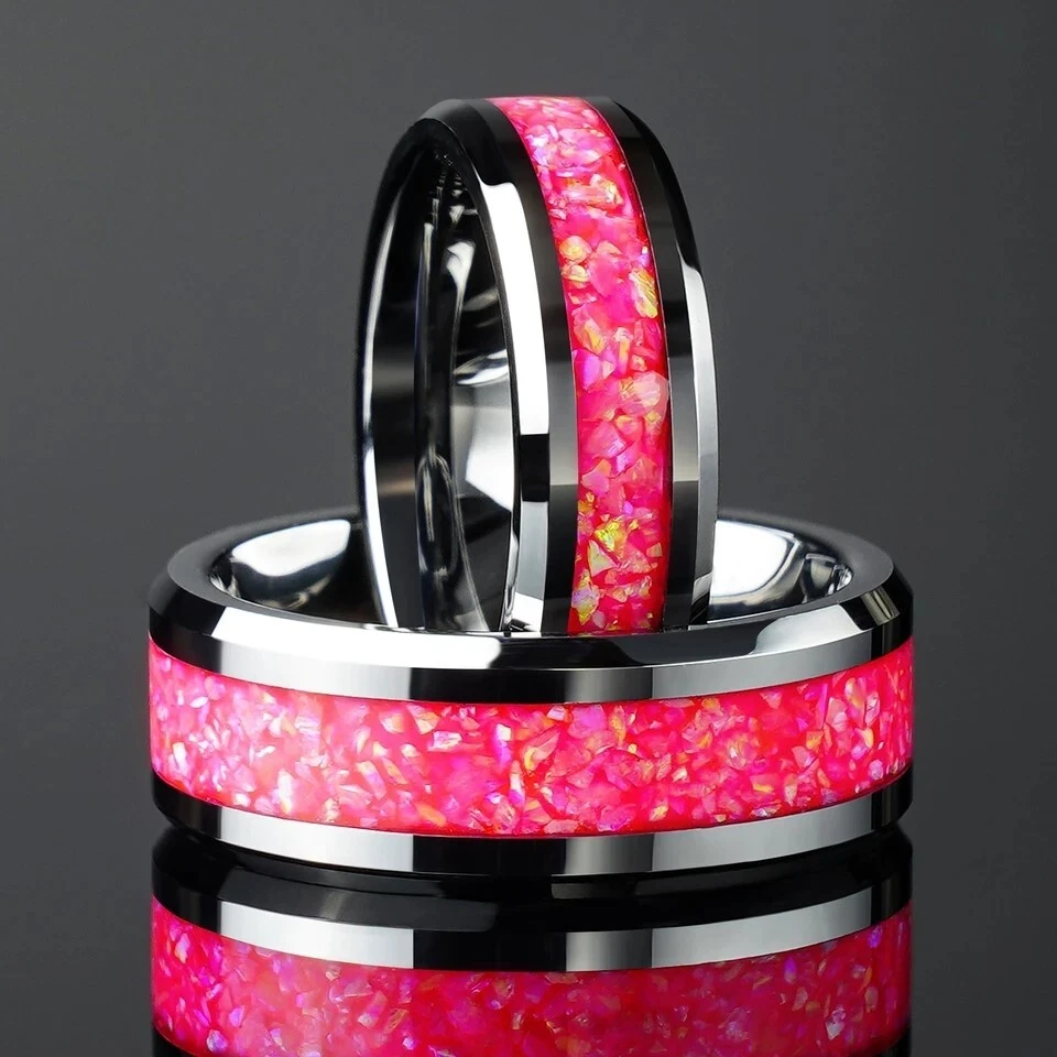 6/8MM Pink Opal Tungsten Carbide Ring Band for Couple Wedding Him & Her Ring - Image 2 of 4