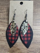 Handmade Faux Leather Pierced Earrings Black Red Buffalo Plaid Gold Glitter J224