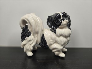 Miniature Ceramic Japanese Chin Black and White Puppy Dog Figure Figurine