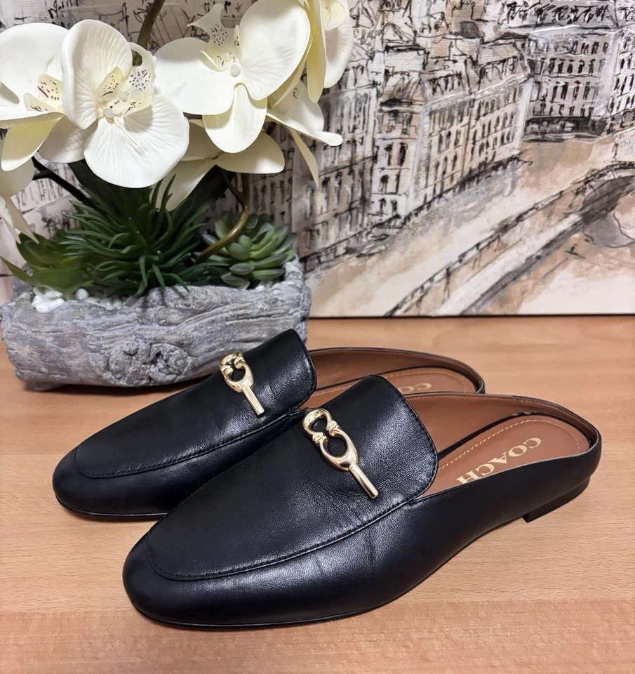 Zapatos Mocasines COACH Sienna Cuero Deslizables Mula Negro Dorado Para Mujer Talla 5