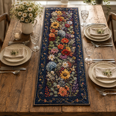 Quilted Navy Wildflower Table Runner, Sunflower Floral Summer Decor