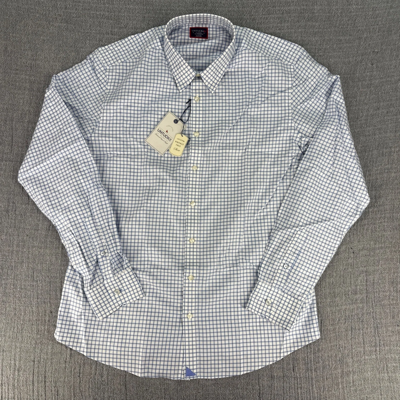 UNTUCKit Delaney Mens XLT Reg Wrinkle Free Button Up Shirt White Blue Check NWT