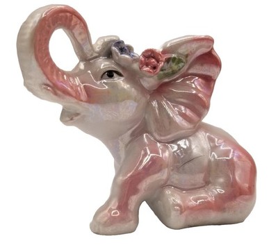 Vtg Lusterware Elephant Figurine Iredescent Pink Anthropomorphic Sitting Trunk ^