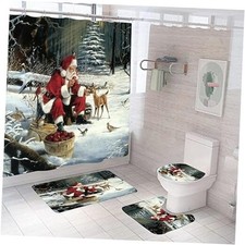 Christmas Santa Claus Bathroom 4 Pieces Set Shower Curtain, Toilet Lid Cover